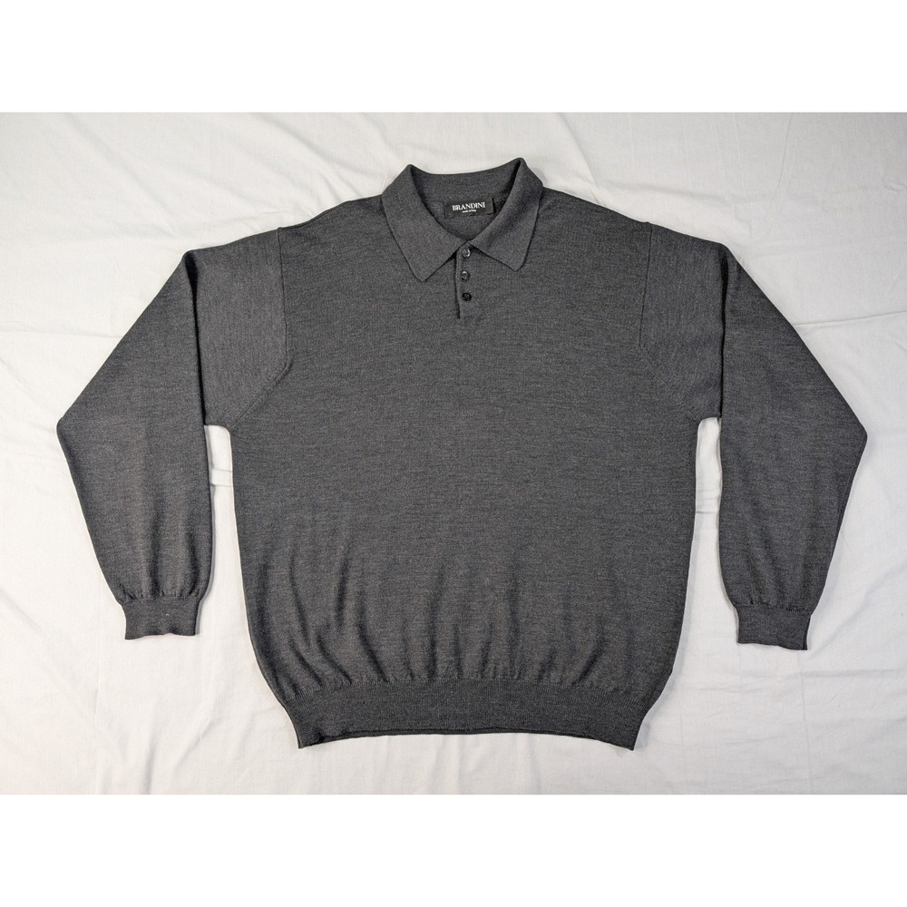 Brandini Mens Pure New Wool Polo Sweater XL Dark Gray Made in Italy Pullover